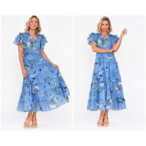 Maude Vivante Sana Cotton Tiered Maxi Dress Blue Boho Cottagecore Sz S Garden